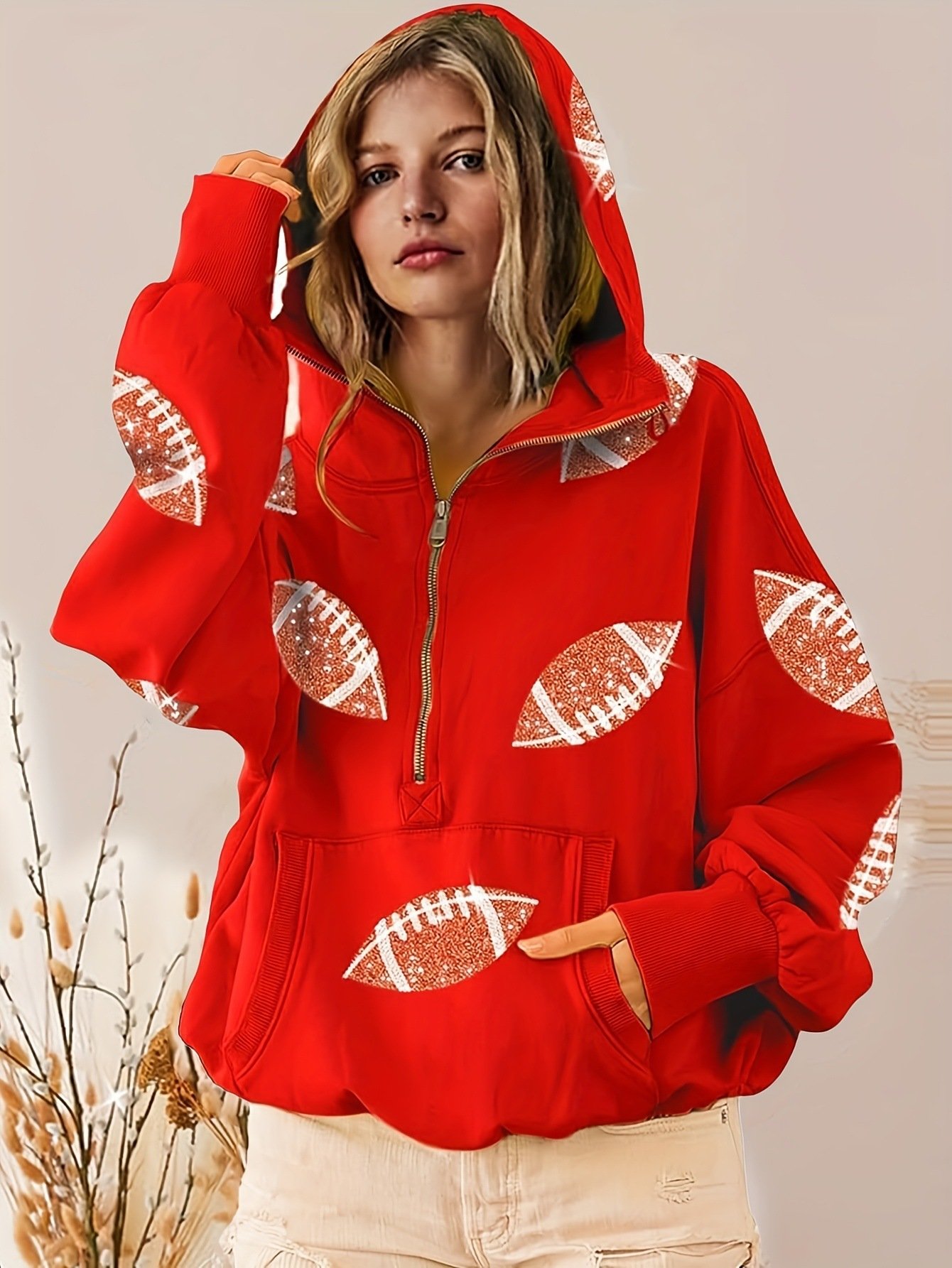 Cross-border European Style Women's Soccer Digital Printed Hooded Sweatshirt With Long Sleeves And Zipper Collar, Pullover For Women - Image 2