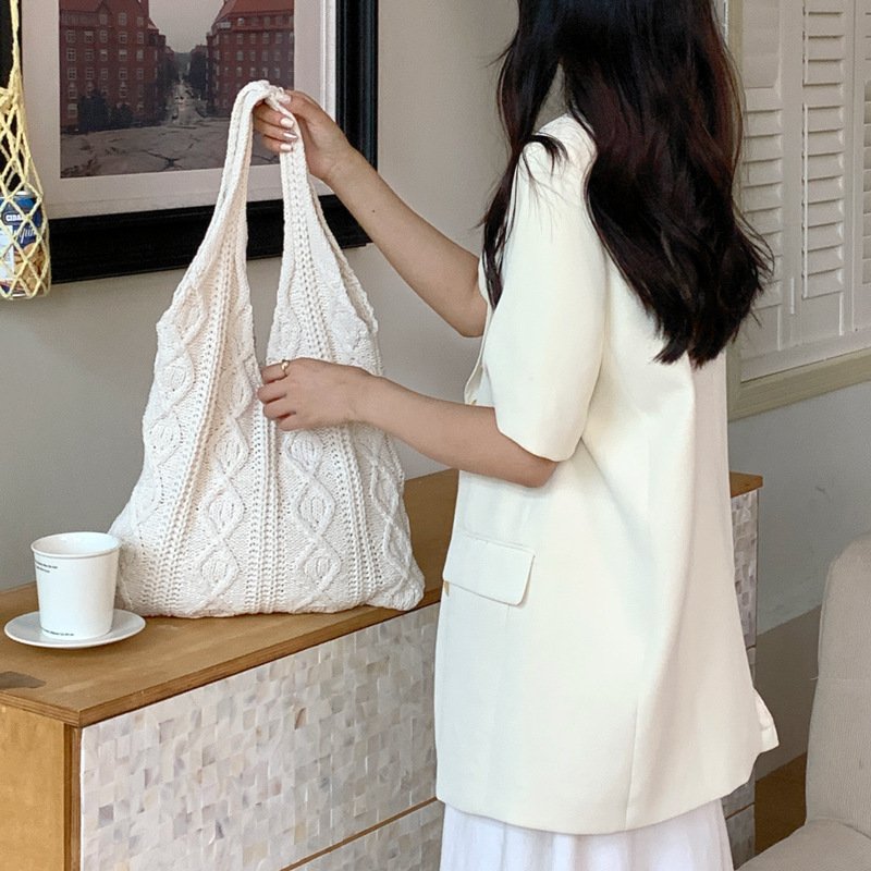 GWomen Shoulder Bags Portable Retro Hollow Knitted Woolen Yarn Bag Shoulder Tote Bag Solid Color Crochet Bag Large Capacity Shopping Tote Bags - Image 10