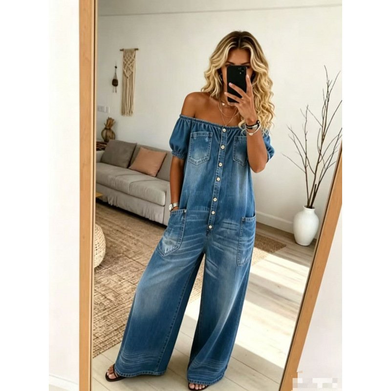 Women's Loose-fit Vintage Denim Jumpsuit - Image 3