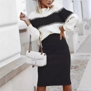Color-Block Striped Pullover Knit Sweater Set With Skirt