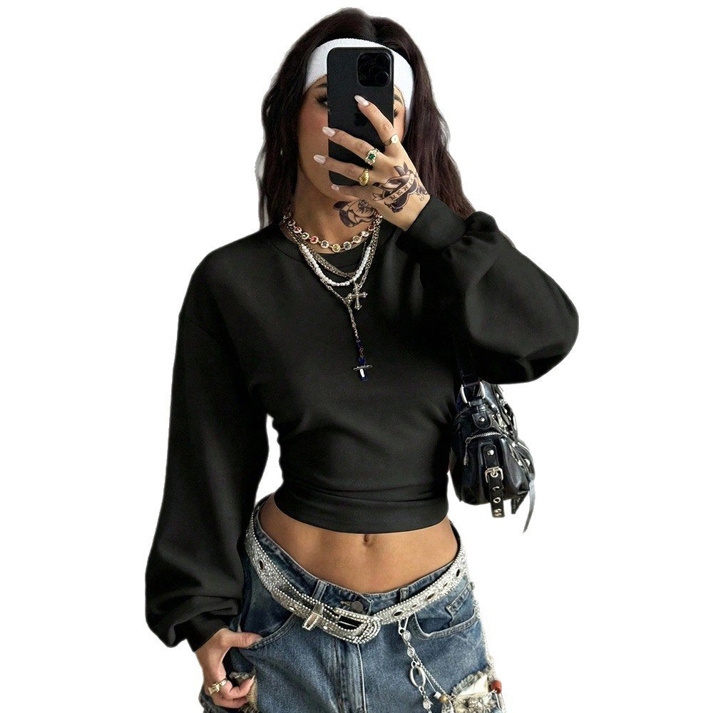Women's Short Slim-fit Round-neck Solid-color Hoodie - Image 6