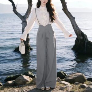 Ruffled Long-Sleeve Shirt And Suspender Pants Two-Piece Set