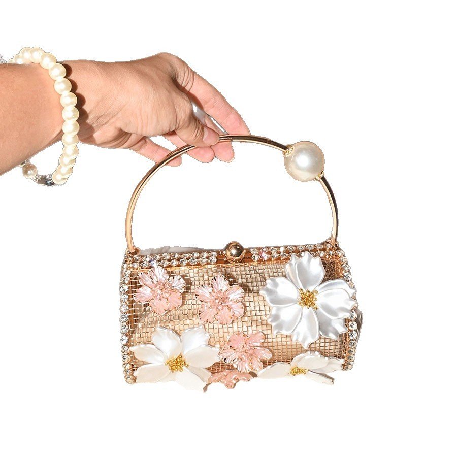 French-style Metal Flower Clutch With Diamonds And Pearls - Image 3
