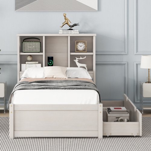 Modern Twin Size Bed Frame With Built-in USB Port On Bookcase Headboard And 2 Drawers For White Washed Color - Image 8