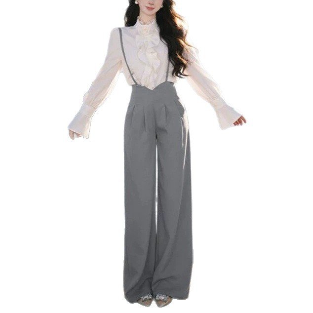 Ruffled Long-Sleeve Shirt And Suspender Pants Two-Piece Set - Image 5