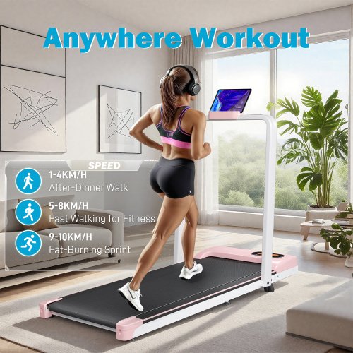 Folding Treadmill With Handrail & Adjustable Incline, 1-10 Km H Running Machine, Space Saving Low Noise Design, LED Display, Phone Holder, Remote Control, Transport Wheels Plug, Pink. - Image 5