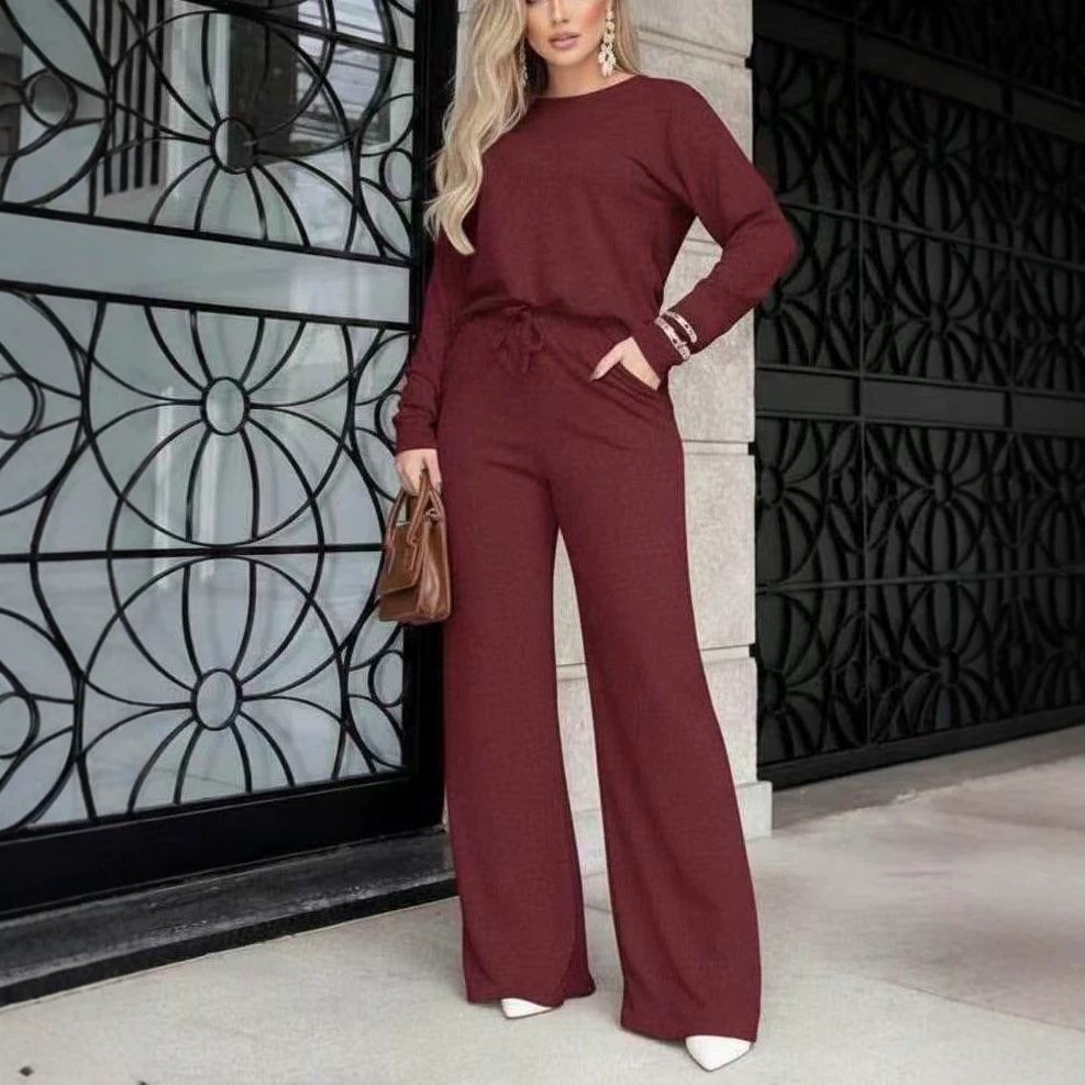Long-sleeve Casual Loungewear Set With Loose-fitting Wide-leg Pants - Image 5