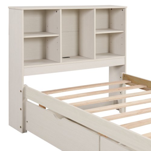 Modern Twin Size Bed Frame With Built-in USB Port On Bookcase Headboard And 2 Drawers For White Washed Color - Image 5