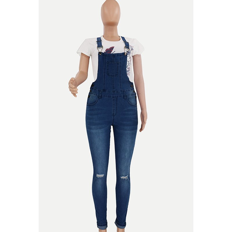 Women's Ripped Denim Overalls - Image 2
