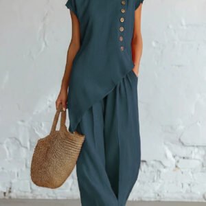 Crew Neck Button Short-Sleeve Top And Wide-Leg Pants Set