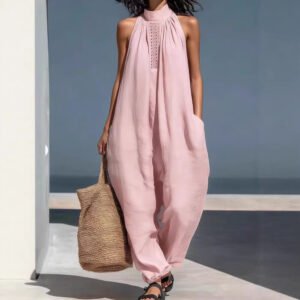 Women's Solid Color Stand-up Collar Sleeveless Casual Loose Jumpsuit