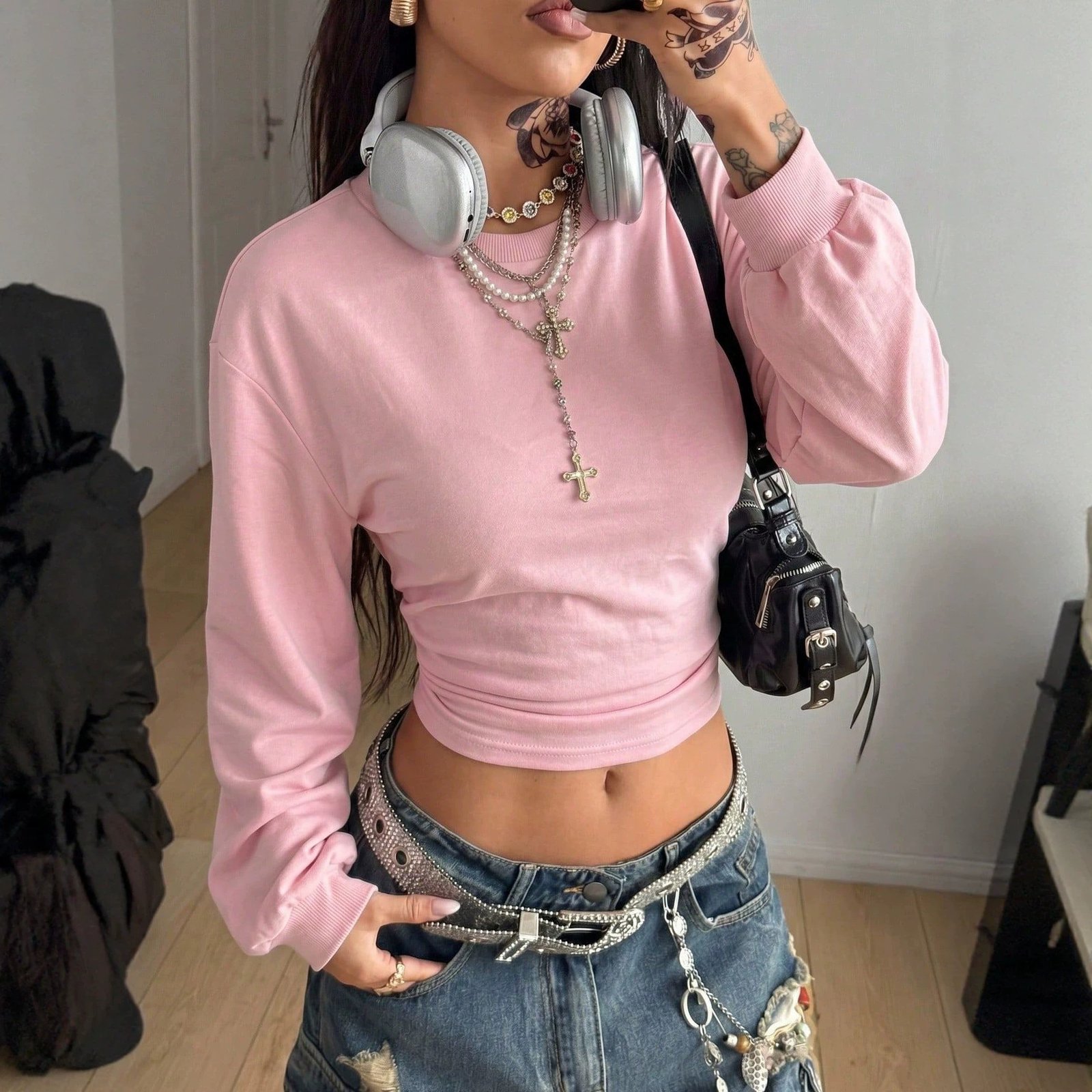 Women's Short Slim-fit Round-neck Solid-color Hoodie - Image 5