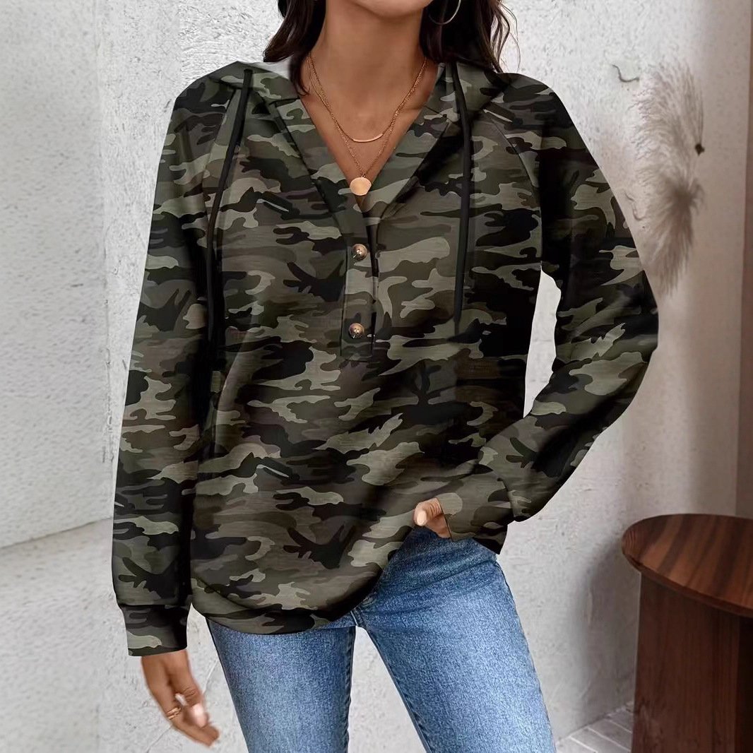 American-style Retro Camouflage Buttoned-corduroy Long-sleeve Hoodie