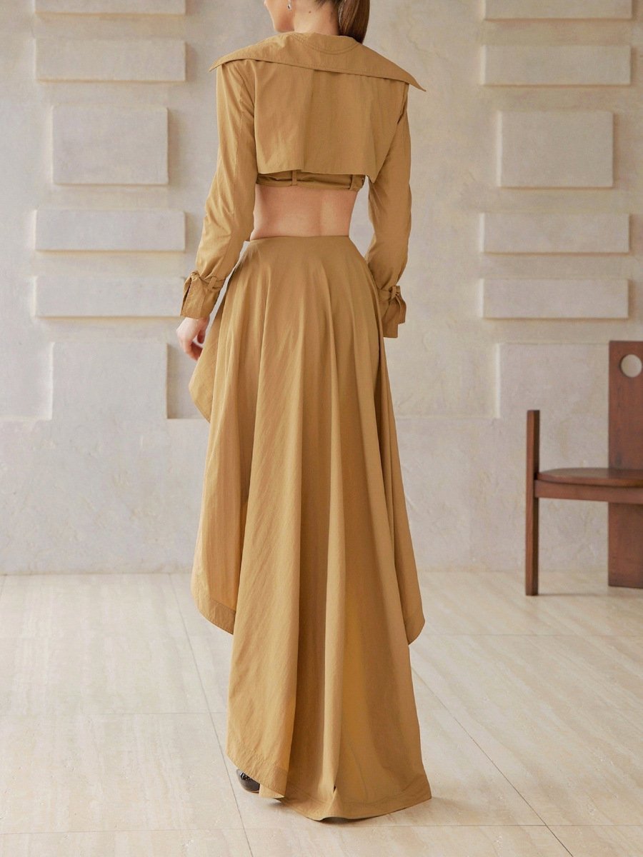 Double Breasted Cropped Trench Jacket Asymmetrical Maxi Skirt Set - Image 5