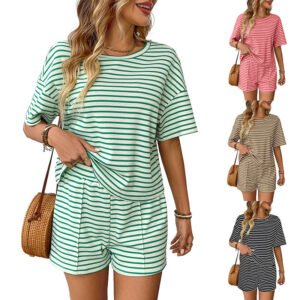 Knit Striped Casual Shorts Set