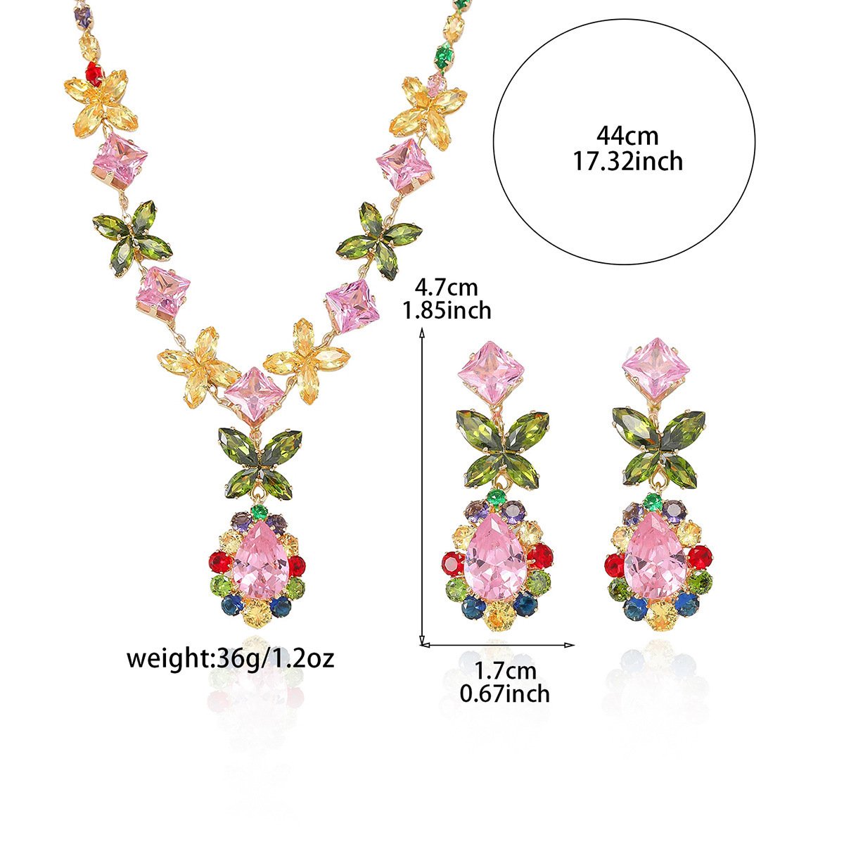 European And American Cross-Border Dress Accessories With Necklace Set, Light Luxury Pink Zircon Earrings And Necklace Two-Piece Jewelry Set - Image 3