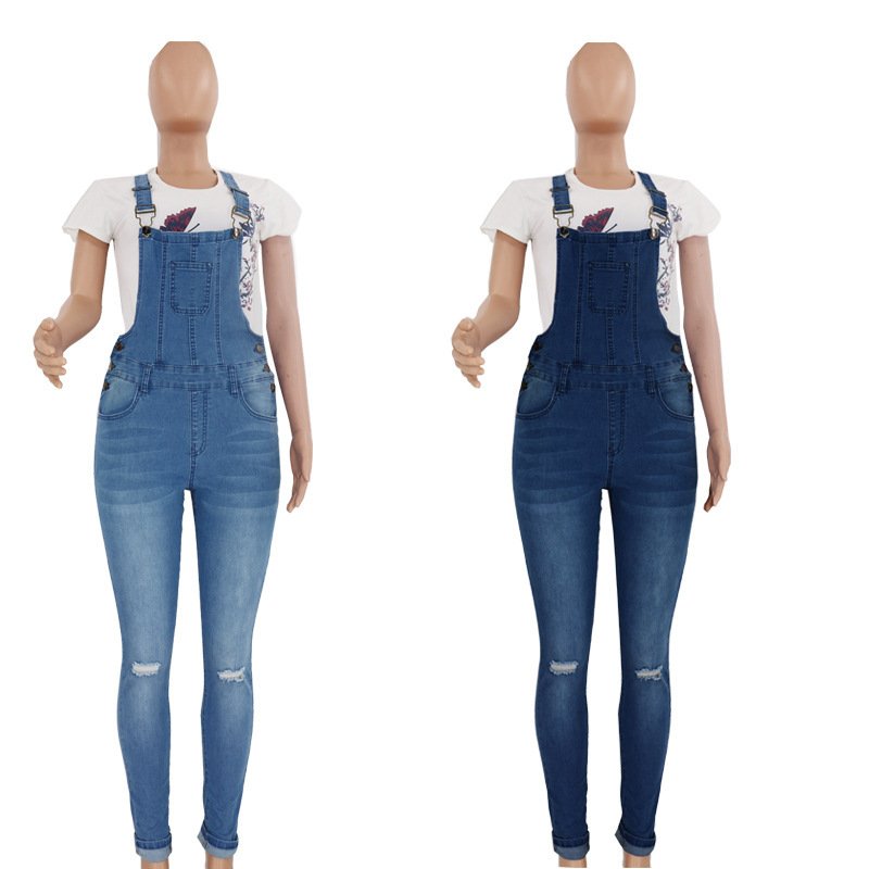 Women's Ripped Denim Overalls - Image 3