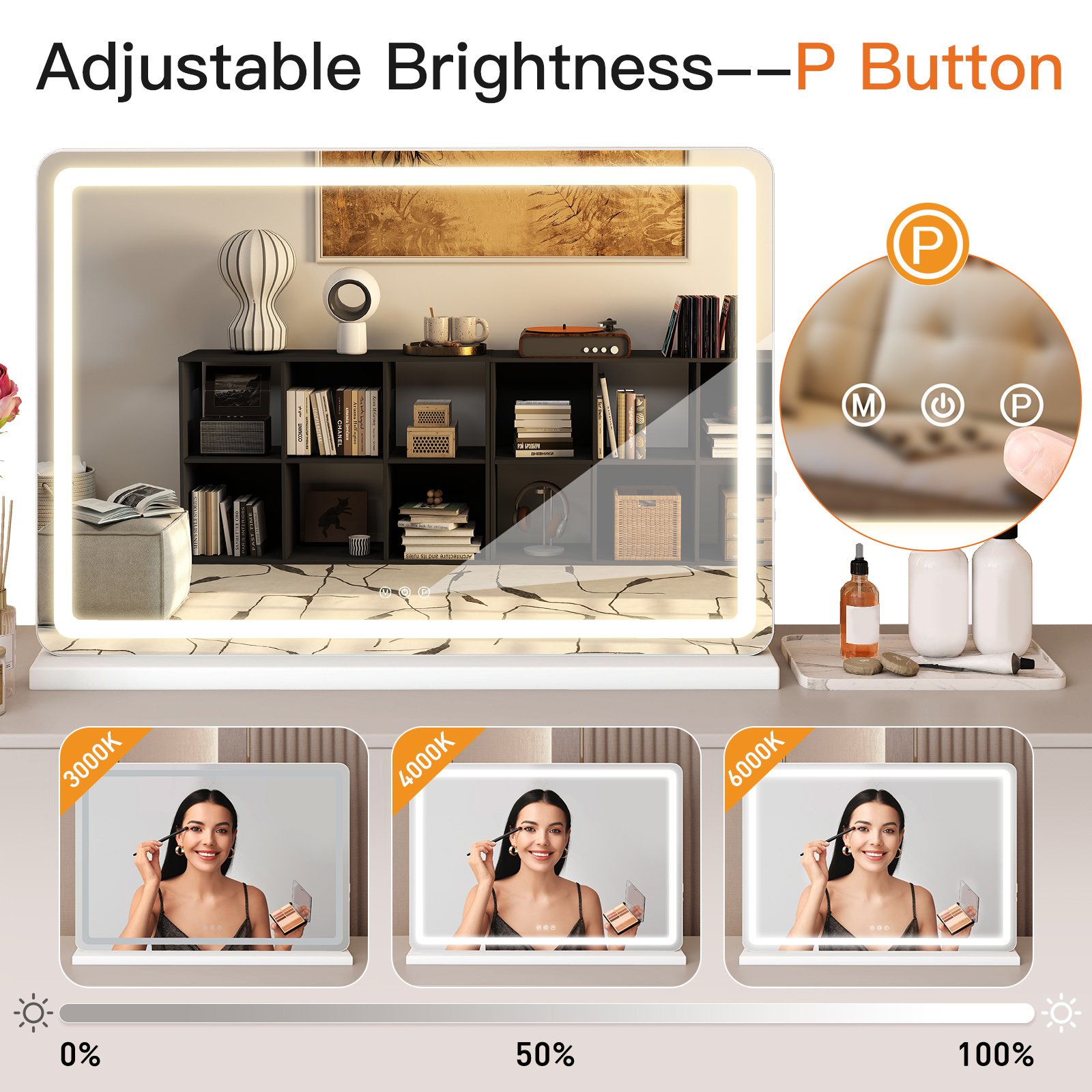 Vanity Mirror With Lights, LED Makeup Mirror With Dimmable 3 Color Modes, Touch Screen Control Vanity Based Mirror Desk Mirror Square White - Image 9