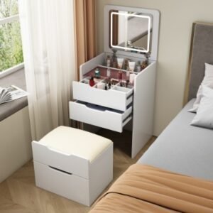 48CM 3 In 1 Vanity Desk With Plip Top Mirror, Small Make Up Vanity Set With Visible Glass Desktop, Compact Makeup Vanity With 3 Drawers, Dressing Table For Bedroom, Prime Day, Deals For You Days