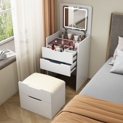 48CM 3 In 1 Vanity Desk With Plip Top Mirror, Small Make Up Vanity Set With Visible Glass Desktop, Compact Makeup Vanity With 3 Drawers, Dressing Table For Bedroom, Prime Day, Deals For You Days