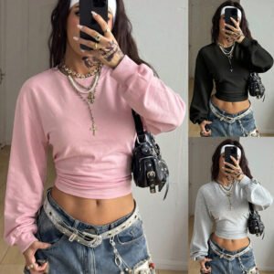 Women's Short Slim-fit Round-neck Solid-color Hoodie