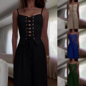 Sexy Hollow Strap Top Casual Wide Leg Pants Set