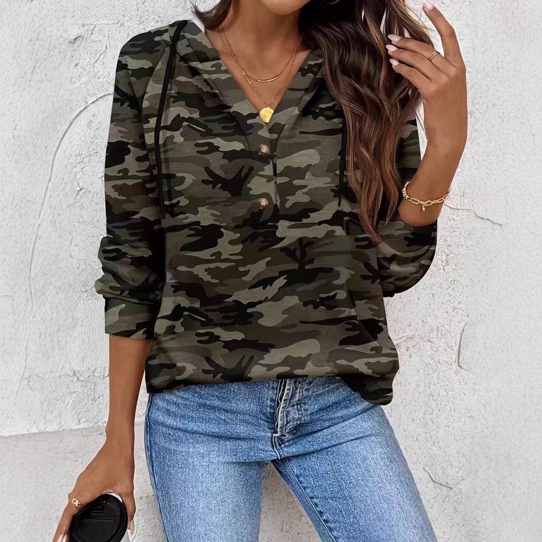 American-style Retro Camouflage Buttoned-corduroy Long-sleeve Hoodie - Image 4