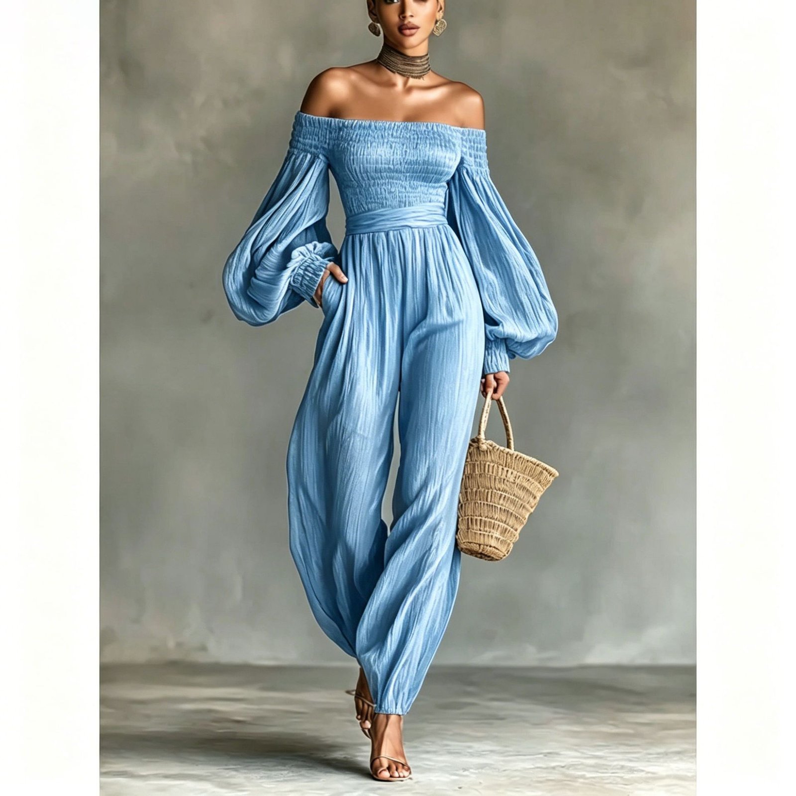 Women's Off-shoulder Long-sleeve Pleated Jumpsuit - Image 4