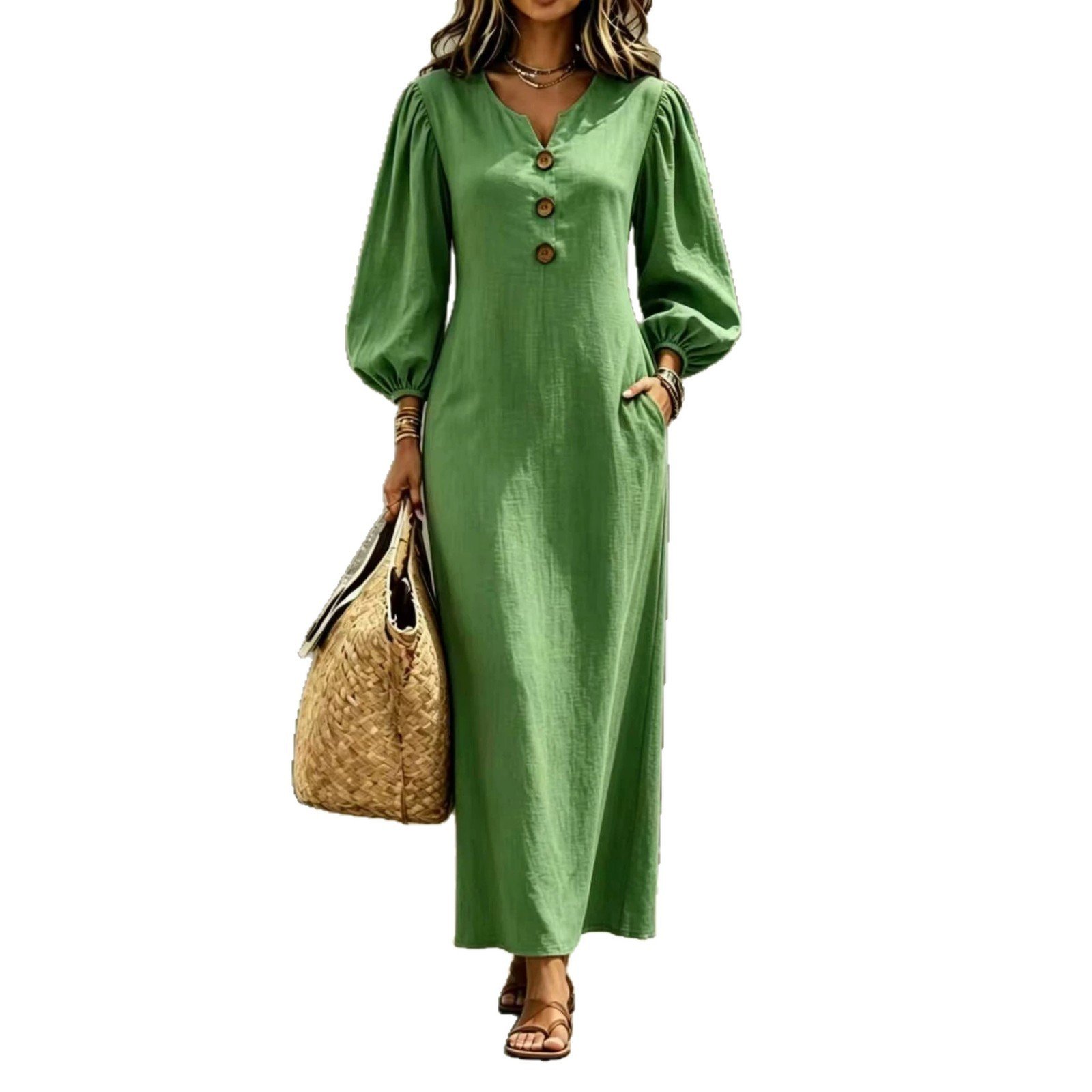 V-neck Buttoned Long Dress - Image 8