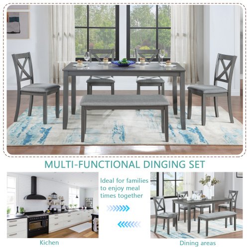 6 Piece Kitchen Dining Set, Rectangular Wooden Dining Table With 4 Upholstered Chairs And A Bench, Dining Table Set For 6 People, Living Room, Home Bar And Kitchen, Gray - Image 6