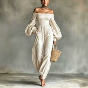 Womens Off-shoulder Long-sleeve Pleated Fabric Patchwork Solid-color Jumpsuit