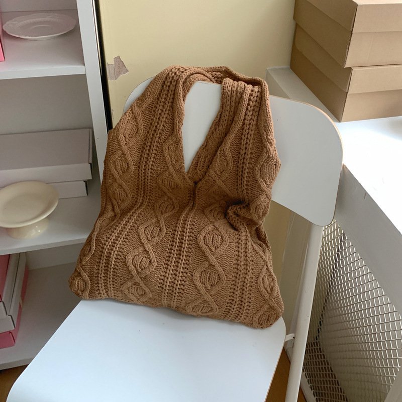 GWomen Shoulder Bags Portable Retro Hollow Knitted Woolen Yarn Bag Shoulder Tote Bag Solid Color Crochet Bag Large Capacity Shopping Tote Bags - Image 4