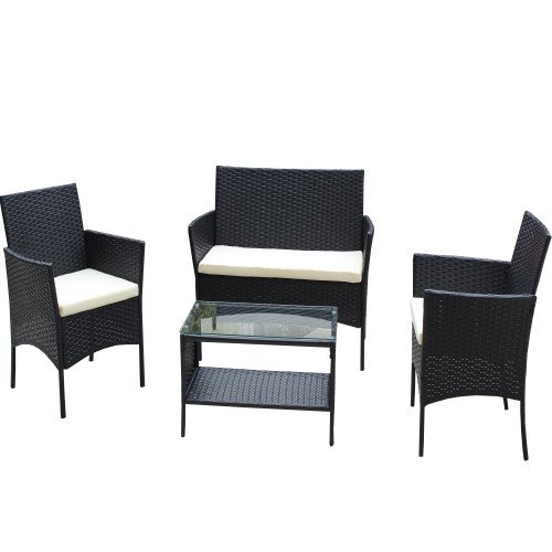 4 PC Rattan Patio Furniture Set Outdoor Patio Cushioned Seat Wicker Sofa Beige Cushion - Image 5
