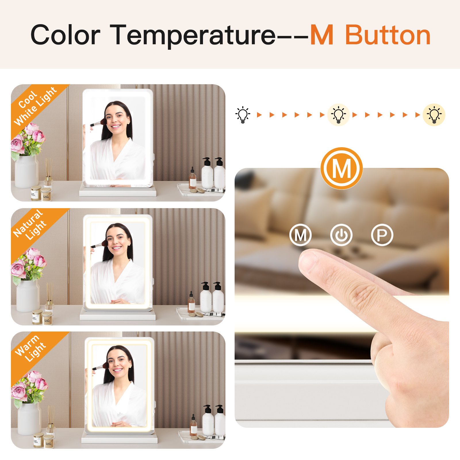 Vanity Mirror With Lights, LED Makeup Mirror With Dimmable 3 Color Modes, Touch Screen Control Vanity Based Mirror Desk Mirror Square White - Image 5