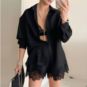 Women's Solid-Color Lace-Patchwork Shorts Set