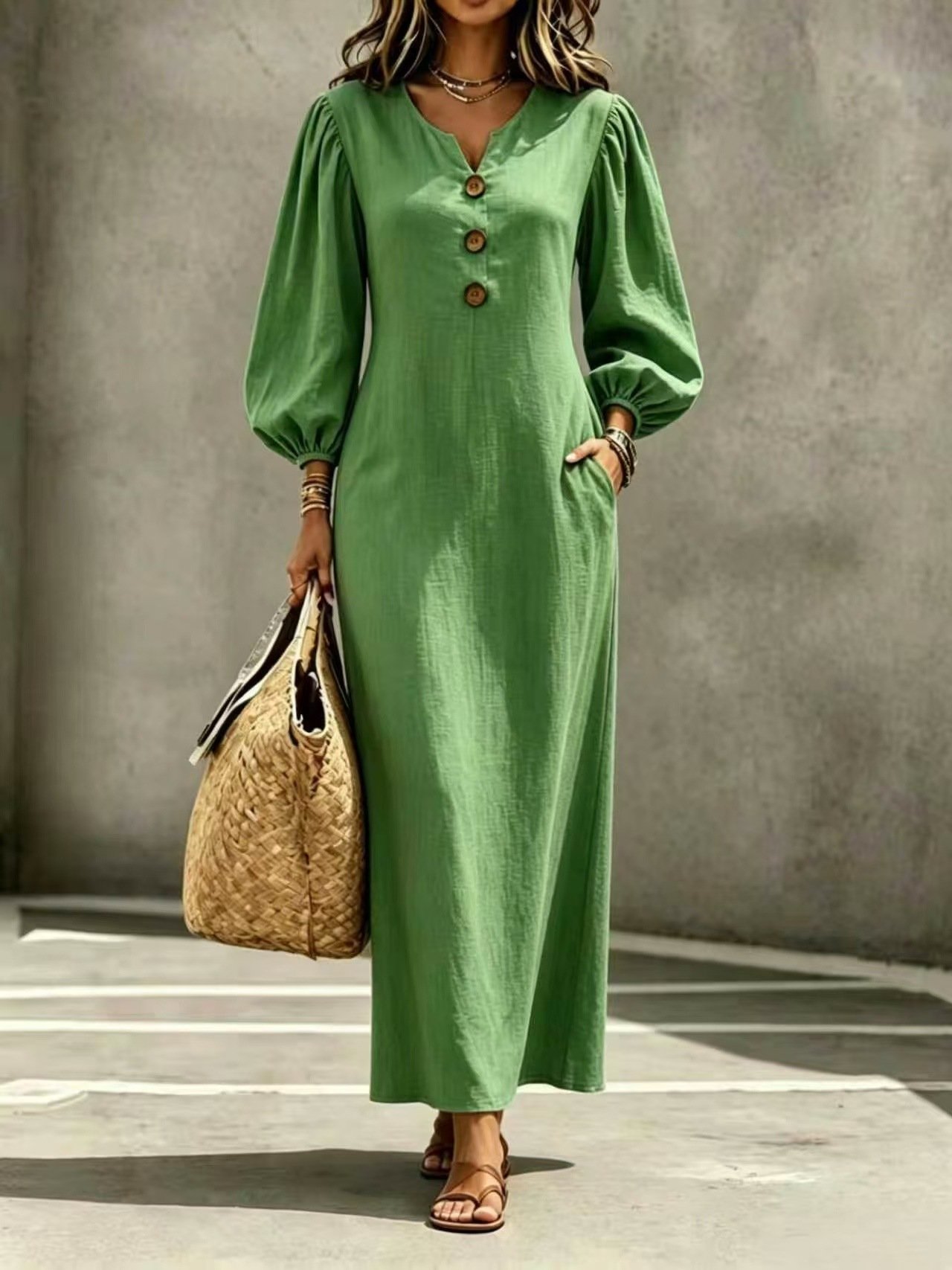 V-neck Buttoned Long Dress - Image 5