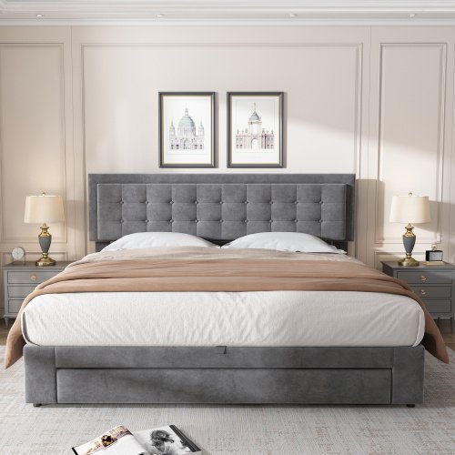Upholstered Bed,Super King Size Bed-6ft180x200cm, Velvet Fabric, Double Bed, Large Storage Space,With Slats And Headboard,Without Mattress,Grey - Image 4