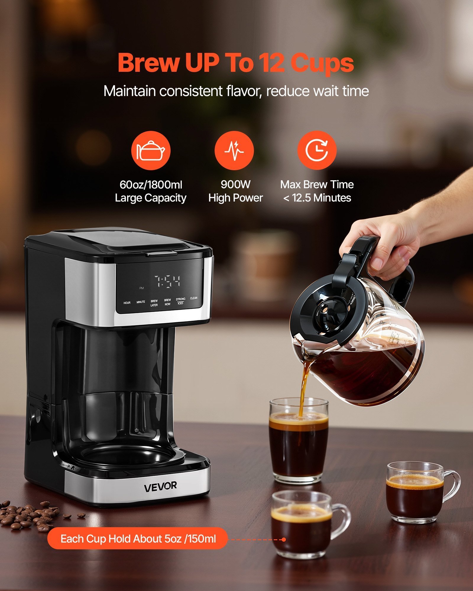 Programmable Coffee Maker, 12 Cup Programmable Drip Coffee Makers With Touch Screen, 4-Hour Keep Warm Coffee Makers Drips, 2 Brew Strengths Drip Coffee Machine For Home, 24-Hour Programmable - Image 3