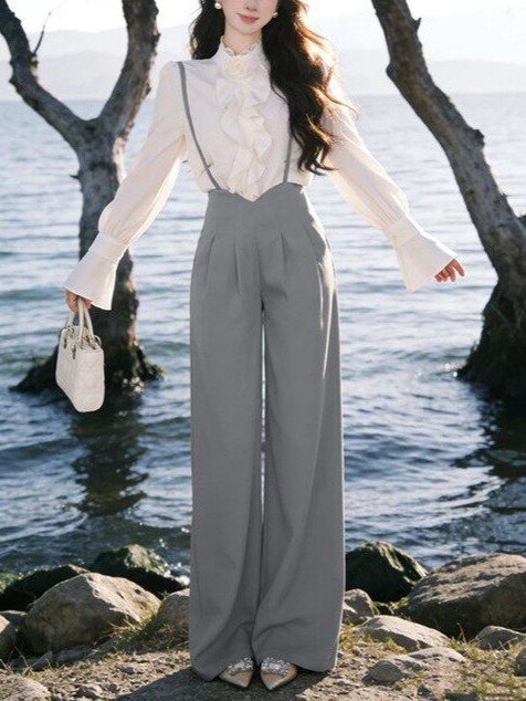 Ruffled Long-Sleeve Shirt And Suspender Pants Two-Piece Set - Image 2