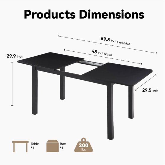59 Extendable Dining Table, Modern House Dining Room Table For 4-8, Wooden Kitchen Table , Dining Room, Working Office, Home Living Room Furniture For Small Space, Black - Image 4