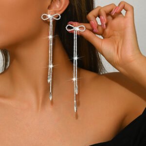 Korean New High-End Bowknot Tassel Earrings For Women, Fashionable Shiny Rhinestone Elegant Trendy Long Earrings