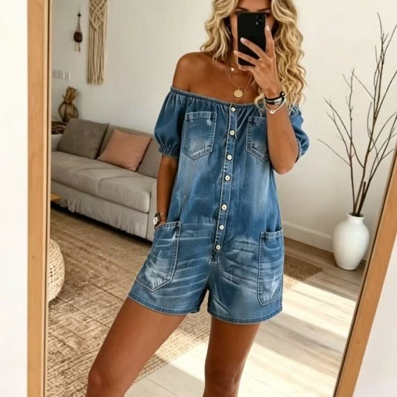 Women's Loose-fit Vintage Denim Jumpsuit