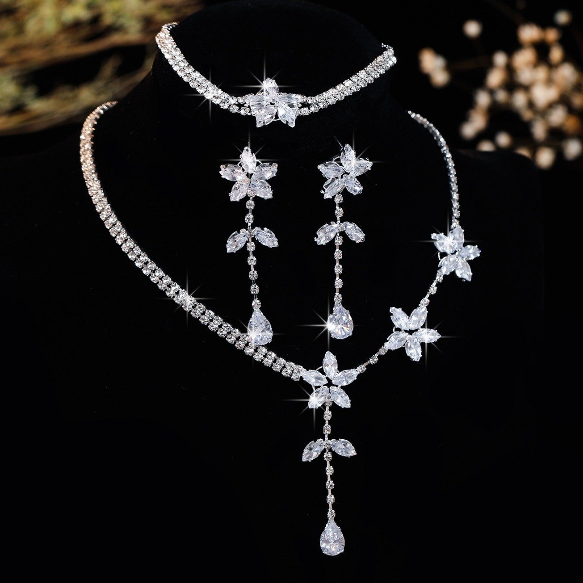 Silver Floral Leaf Cubic Zirconia 3Pcs Jewelry Set, Delicate V Necklace Long Drop Earrings Bracelet, Elegant Bridal Evening Party Accessories For European Spanish Women - Image 6