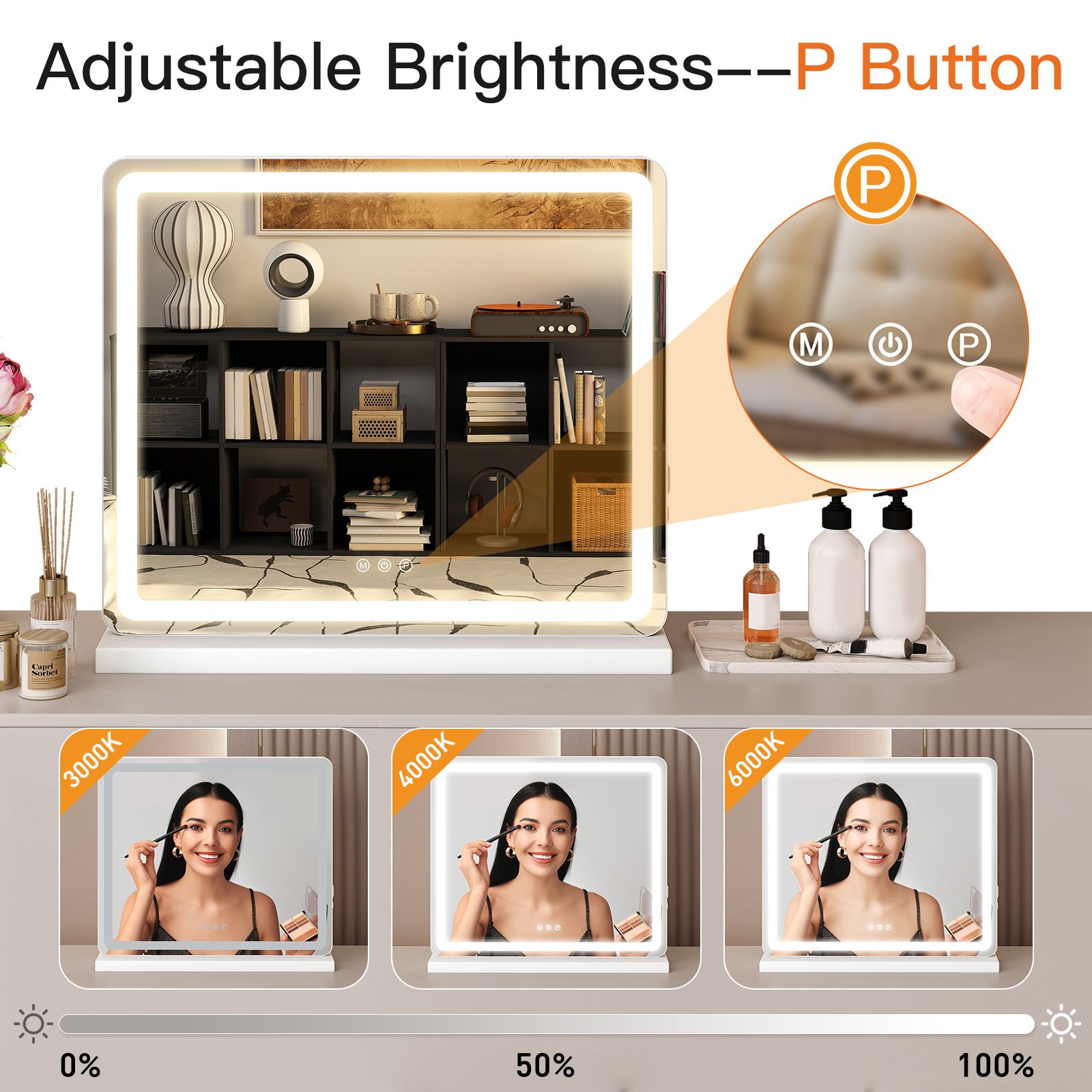 Vanity Mirror With Lights, LED Makeup Mirror With Dimmable 3 Color Modes, Touch Screen Control Vanity Based Mirror Desk Mirror Square White - Image 6