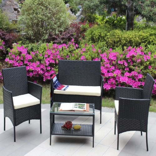 4 PC Rattan Patio Furniture Set Outdoor Patio Cushioned Seat Wicker Sofa Beige Cushion - Image 8