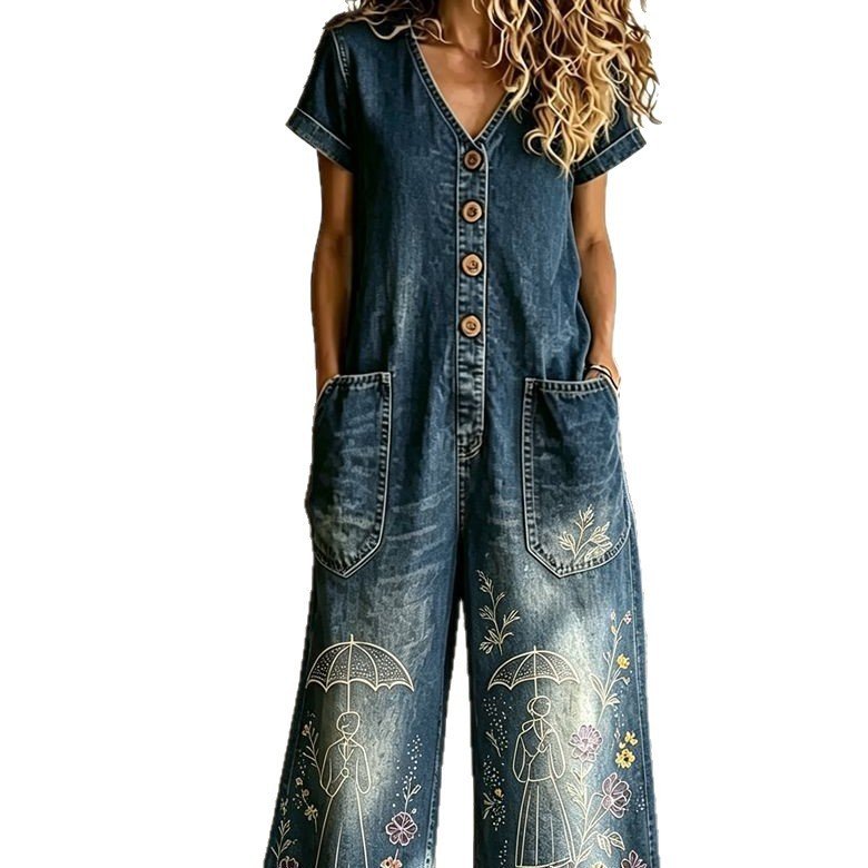 Short Sleeves Casual One-piece Wide-leg Jumpsuit - Image 3