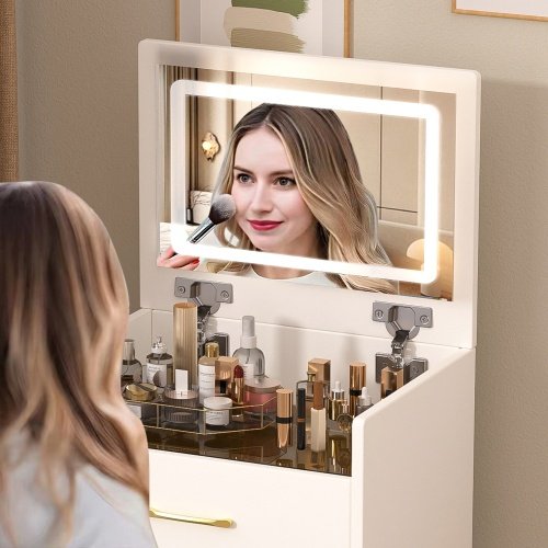 3 In 1 Vanity Desk With Open Top Mirror,Small Make Up Vanity Set With Visible Glass Desktop,Compact Makeup Vanity With 3 Drawers,Dressing Table For Bedroom - Image 3
