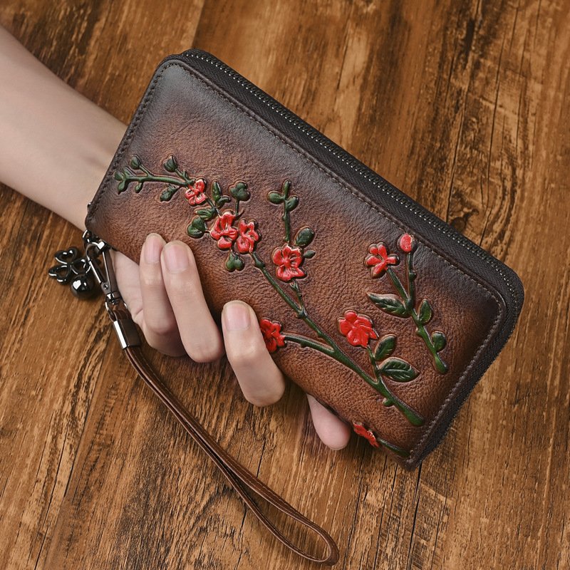 Genuine Leather Women's Long Wallet - Vintage Embossed Clutch Purse with Card Slots - European Style Handbag for Daily Use - Image 2