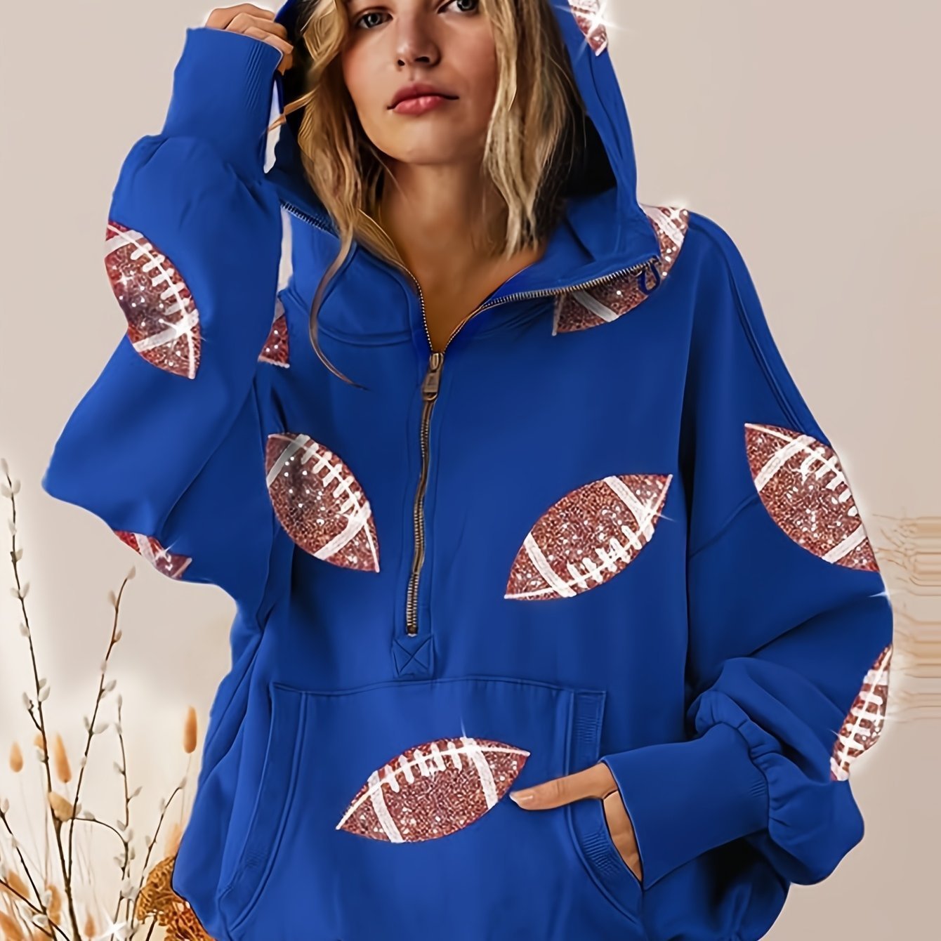 Cross-border European Style Women's Soccer Digital Printed Hooded Sweatshirt With Long Sleeves And Zipper Collar, Pullover For Women - Image 3