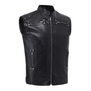 Motorcycle Stand-collar Leather Zip Vest